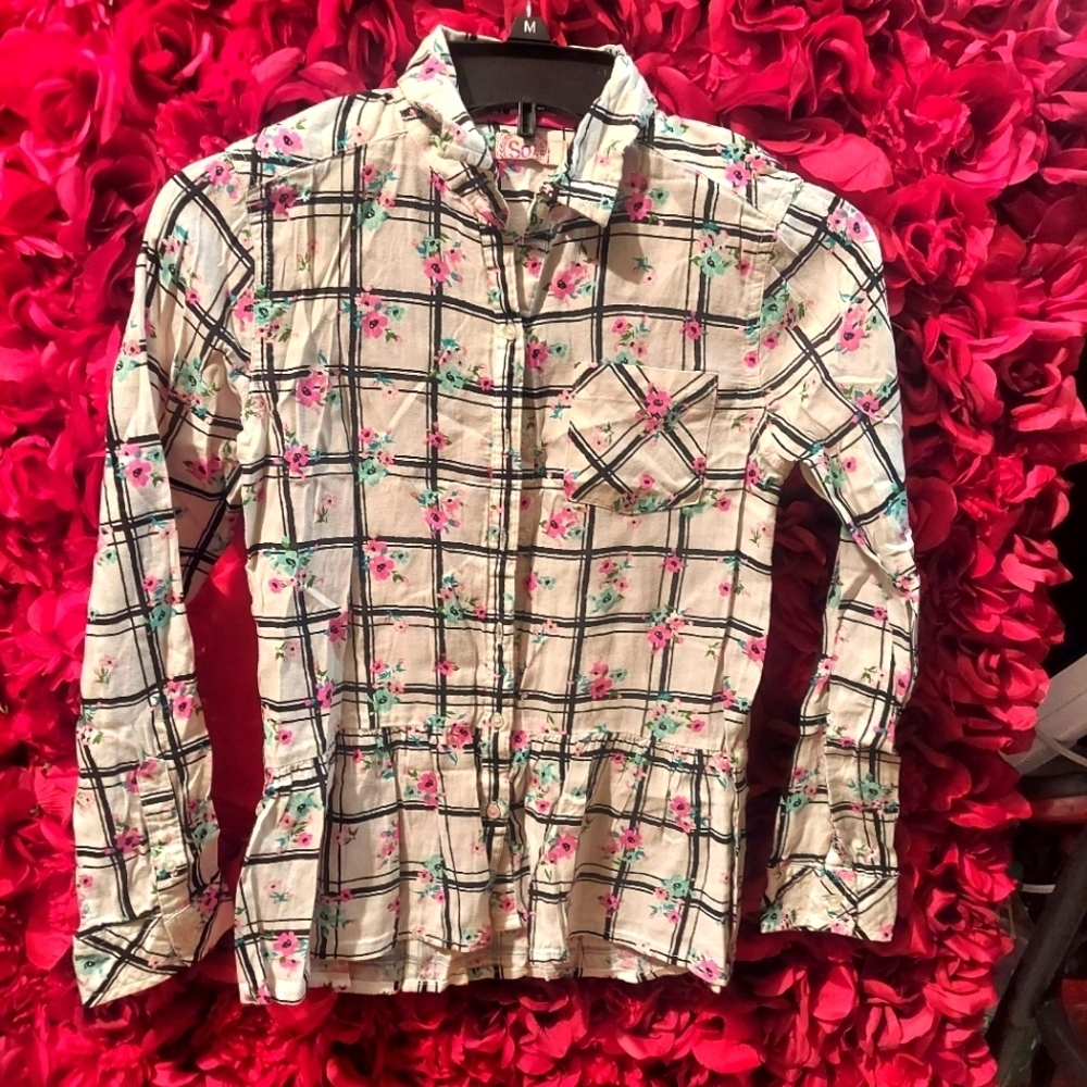 SO Girls Size 12 Long Sleeve Floral Peplum Button Down Top